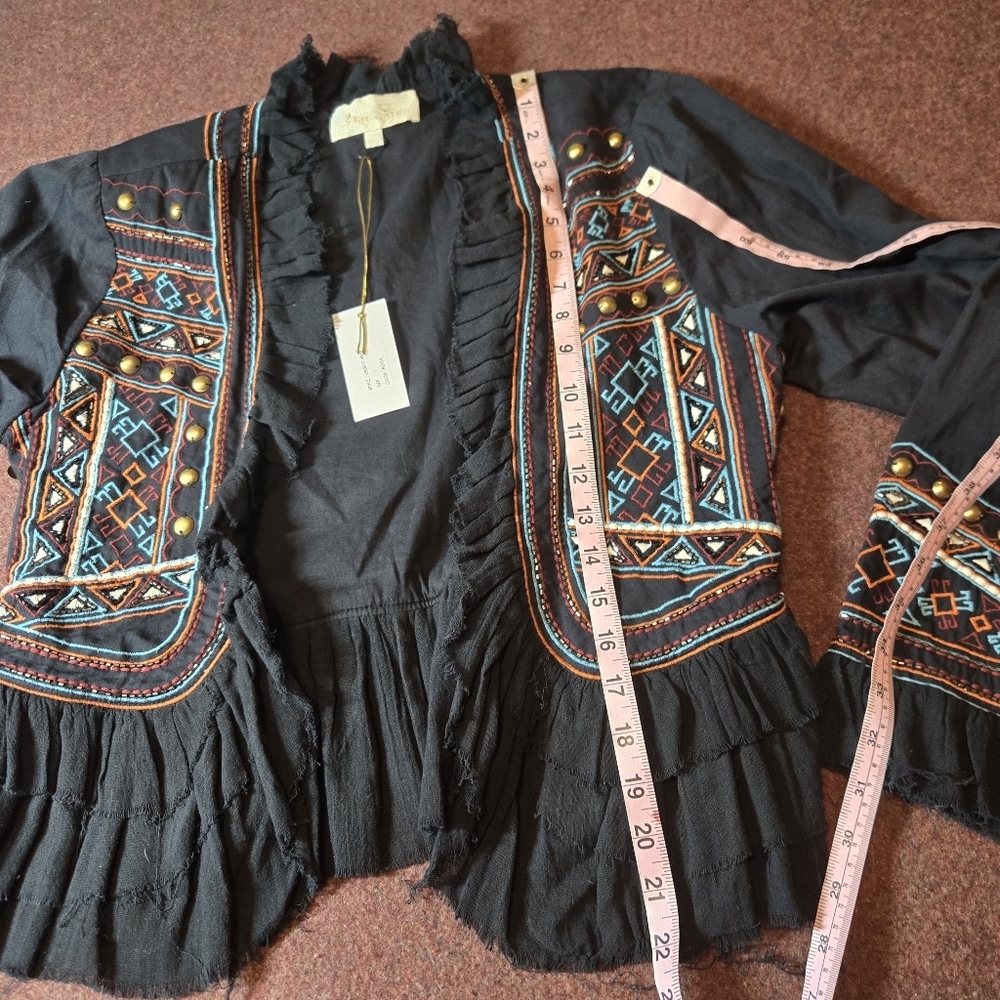 Love Sam Black Embroidered Ruffled Jacket with Blue and Orange Accents - Picture 9 of 12